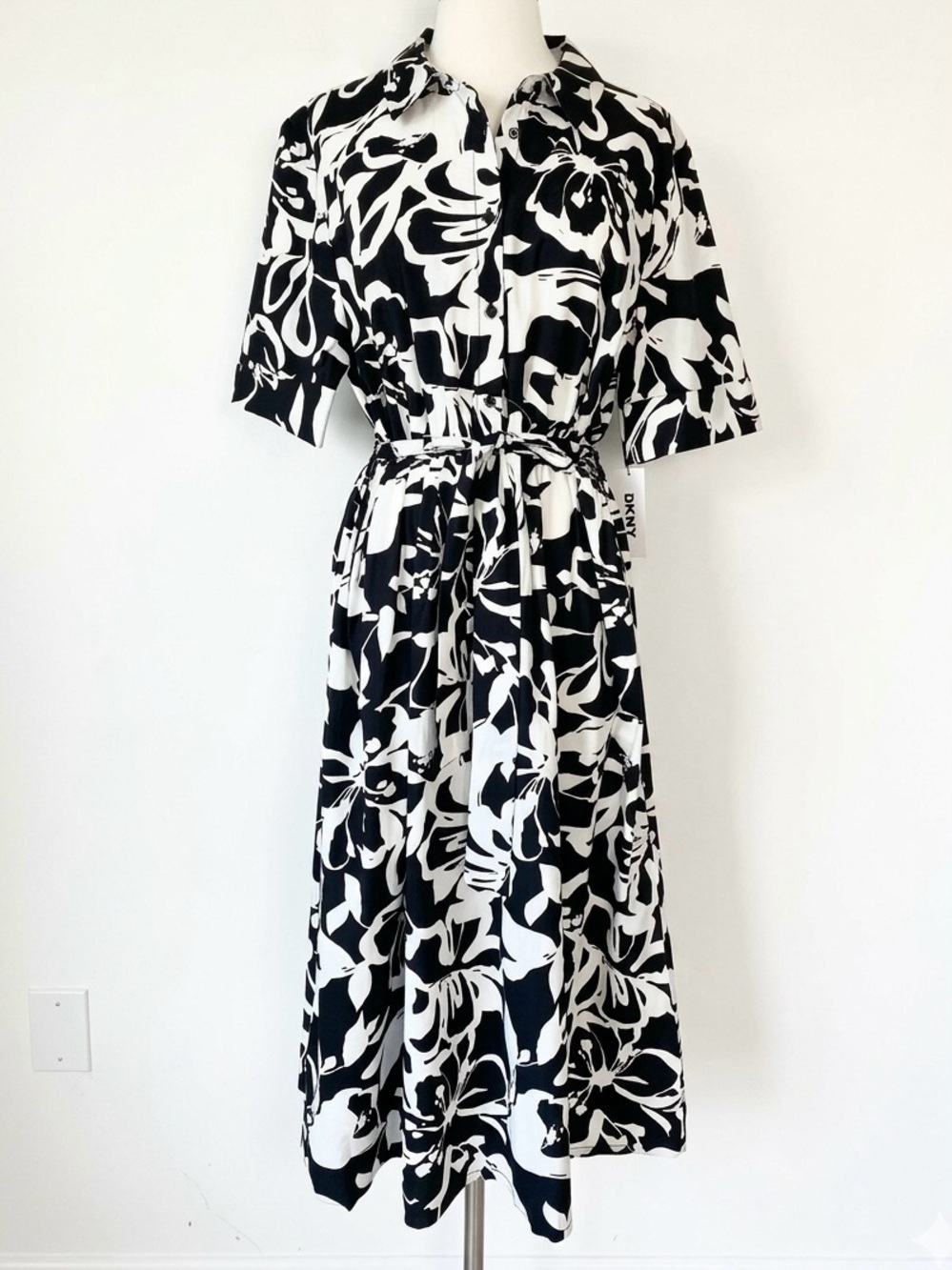 DKNY Black White Floral Cotton Midi Dress Size 14 Belted Collared NWT